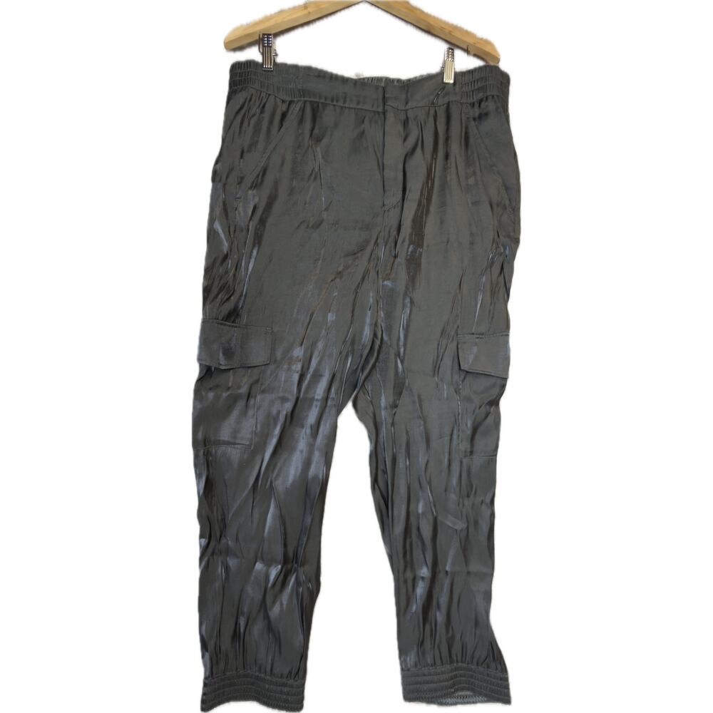 Anthropologie Style Satin Cargo Joggers Shimmer Green Utility Pants Pockets XL